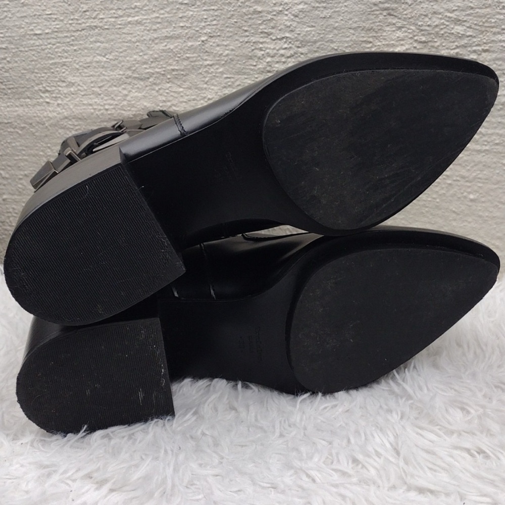 Zara Trafaluc Black Leather Two Buckle Pointed-Toe Blocked Heel Moto Ankle Boot - Picture 9 of 13